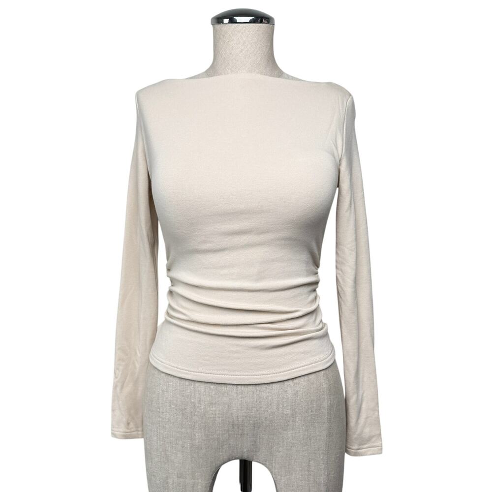 OGL Eco-Mousse Ruched Side Top Built-In Bra Cream Long Sleeve Tee Women XS